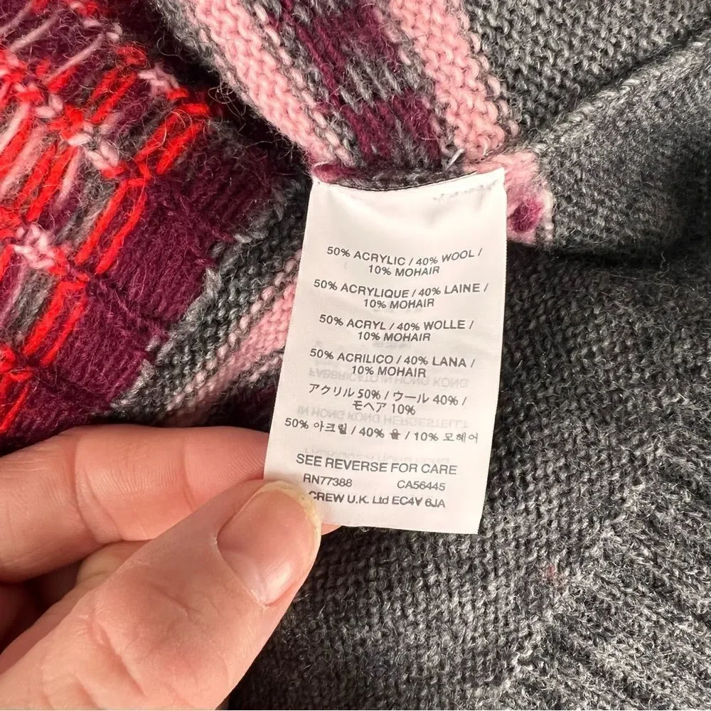 J. Crew Grey & Pink Patterned Wool Crewneck Sweater